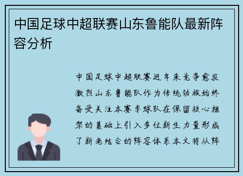中国足球中超联赛山东鲁能队最新阵容分析