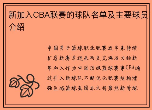 新加入CBA联赛的球队名单及主要球员介绍