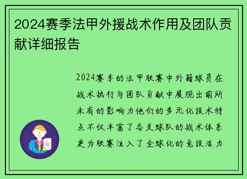 2024赛季法甲外援战术作用及团队贡献详细报告